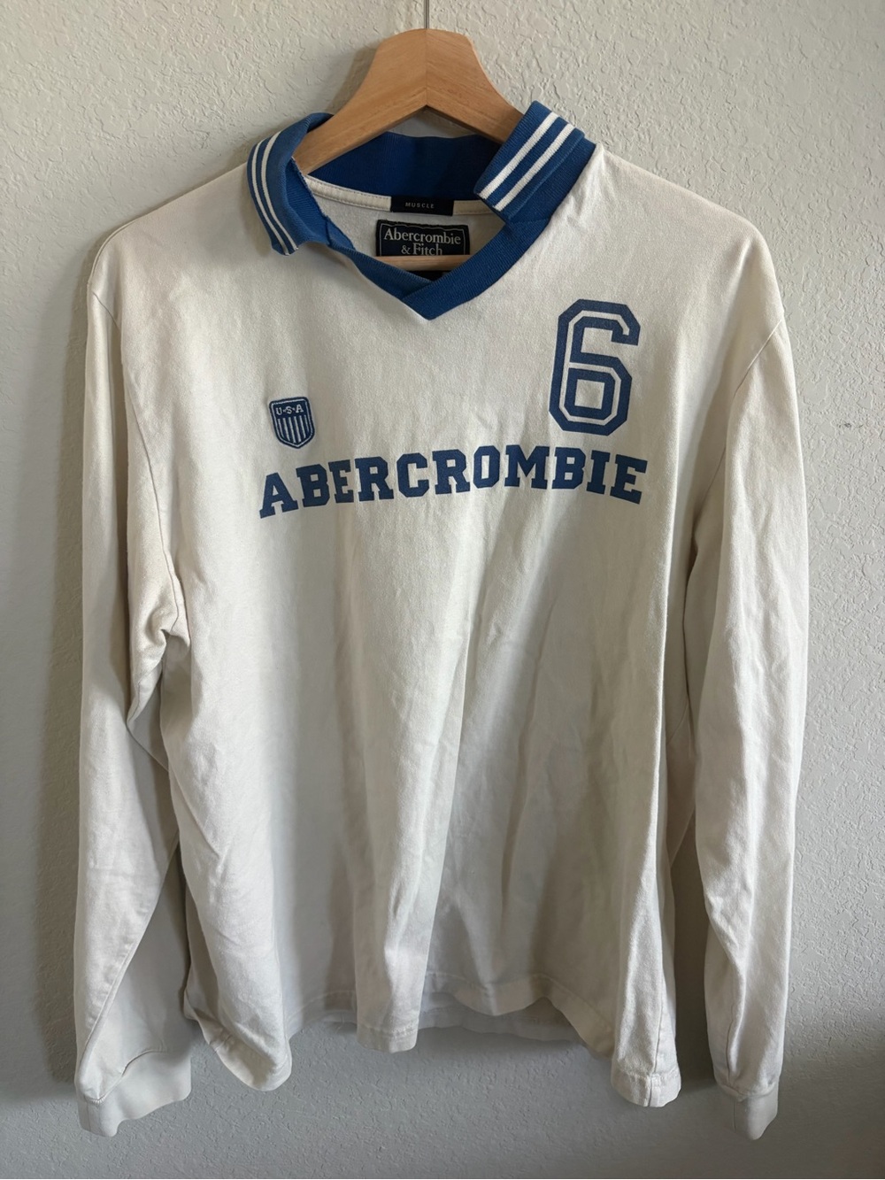 Abercrombie & Fitch White Long-Sleeve Rugby Polo with Blue Accents 100% Cotton